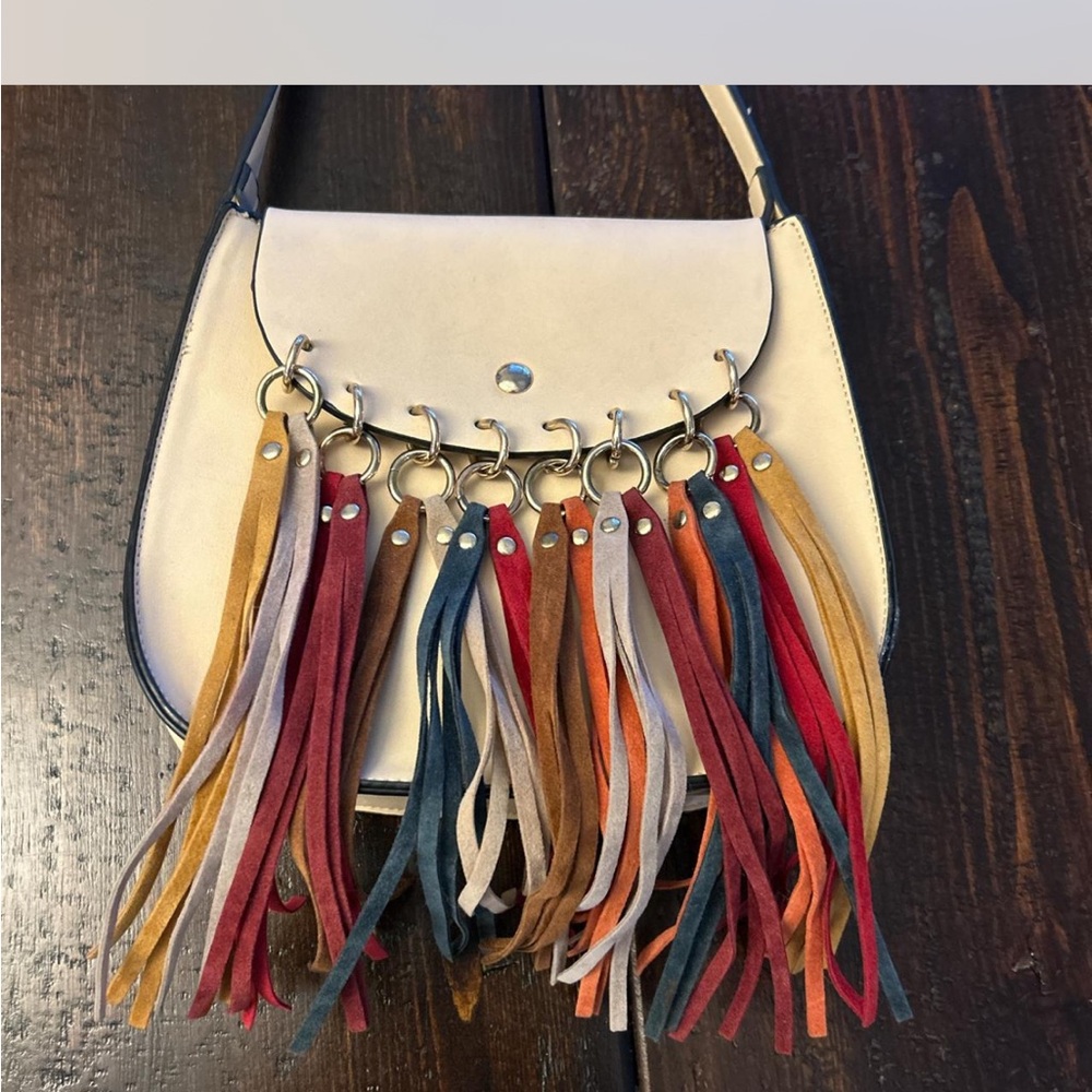 Mellow World cream and multi-coloured fringe tassel bag